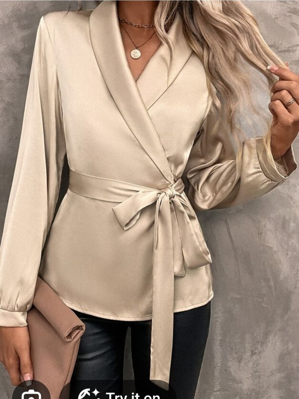SHEIN Satin Wrap Tie Blouse - Beige